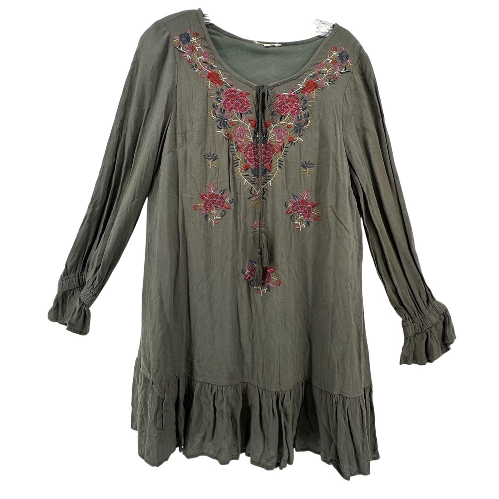 Entro Olive Green Embroidered Boho Mini Dress Tassel Tie‎ Ruffle Hem M Festival